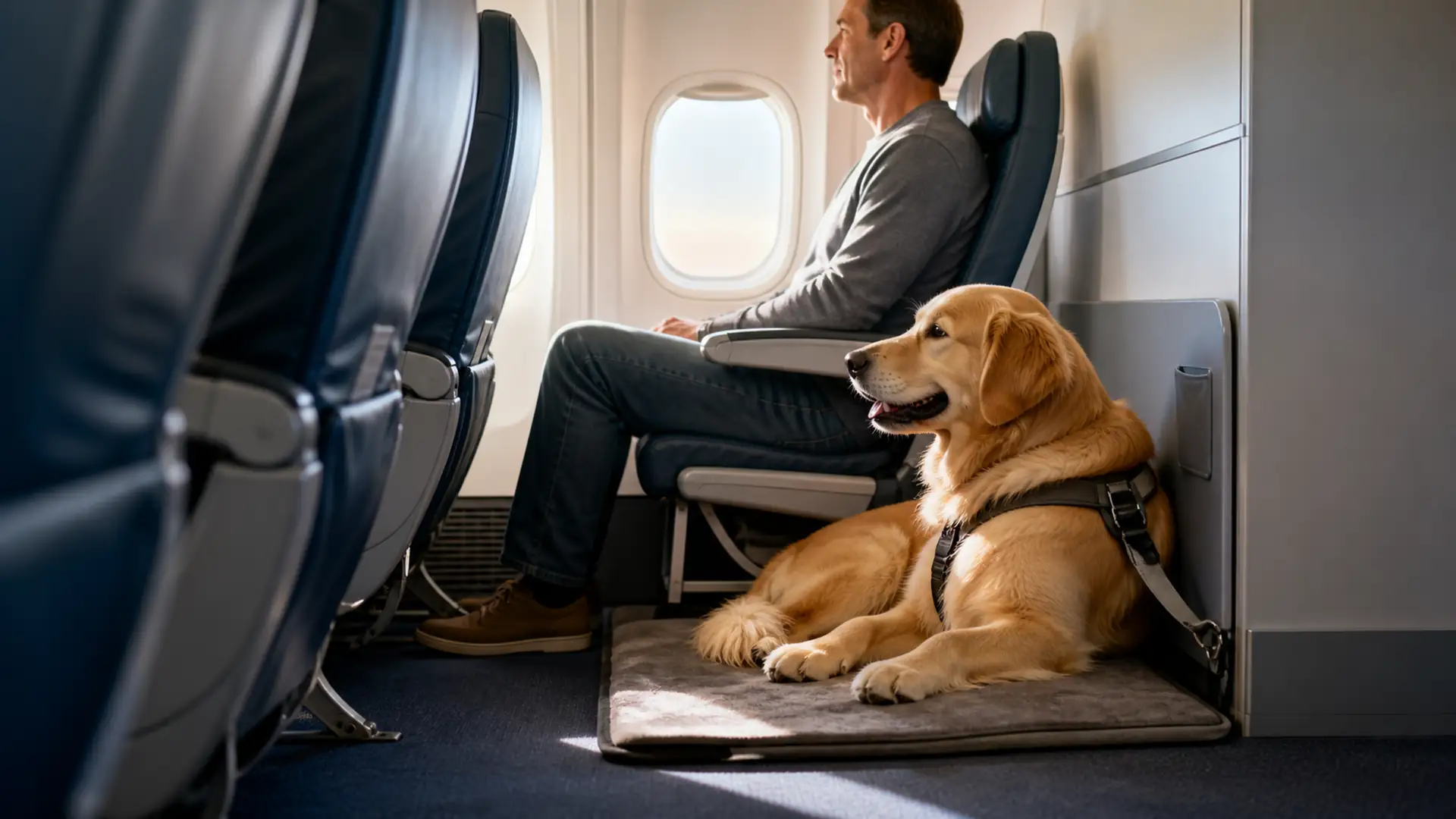 Cane di taglia media-grande con pettorina di sicurezza, tranquillo accanto al proprietario nella cabina di un aereo.